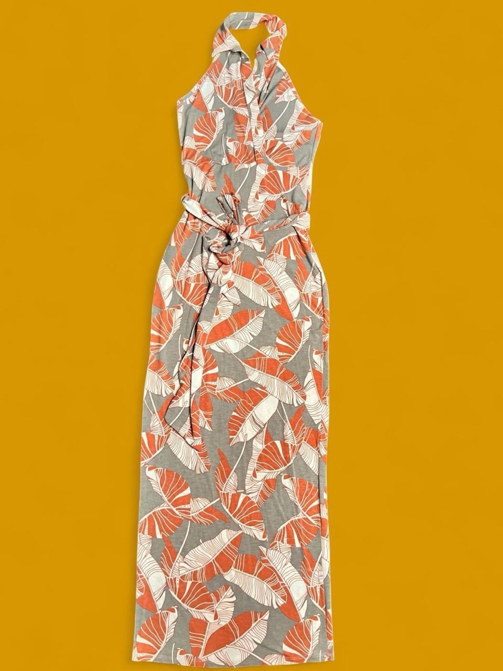 Gray Orange Tropical Leaf Print Halter Maxi Dress Tie Waist size Large